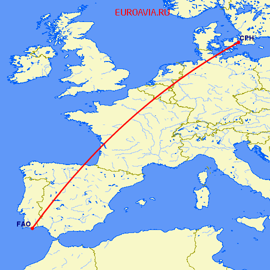 перелет Фару — Копенгаген на карте