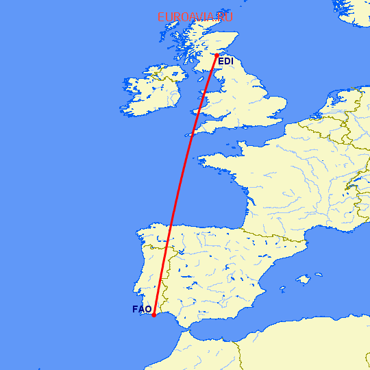 перелет Фару — Эдинбург на карте