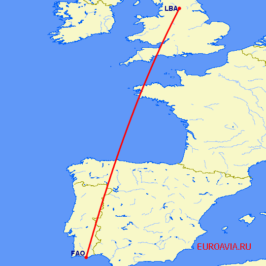 перелет Фару — Лидс на карте