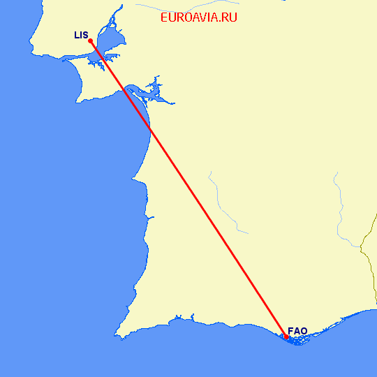 перелет Фару — Лиссабон на карте