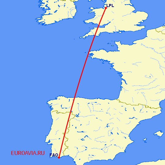 перелет Фару — Ливерпуль на карте