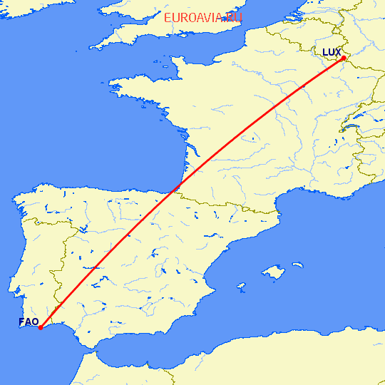 перелет Фару — Люксембург на карте