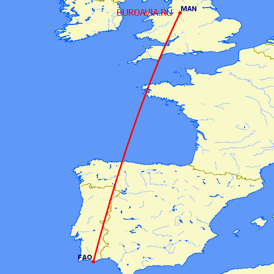 перелет Фару — Манчестер на карте