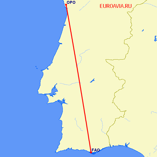 перелет Фару — Порту на карте