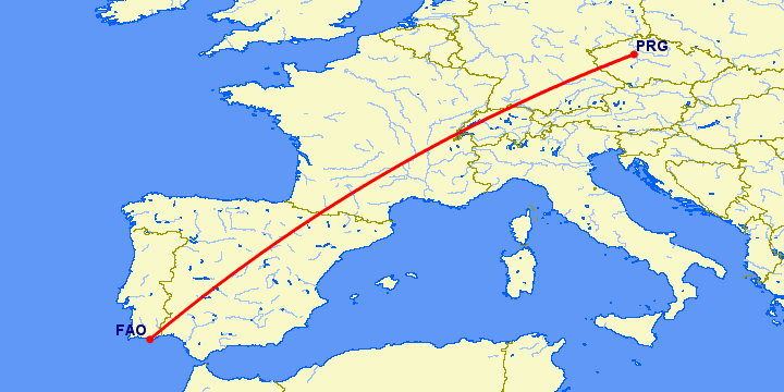 перелет Фару — Прага на карте