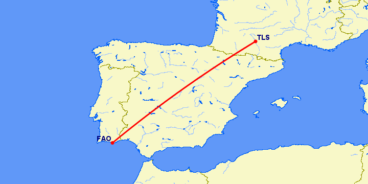 перелет Фару — Тулуза на карте