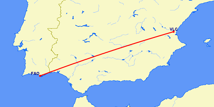 перелет Фару — Валенсия на карте