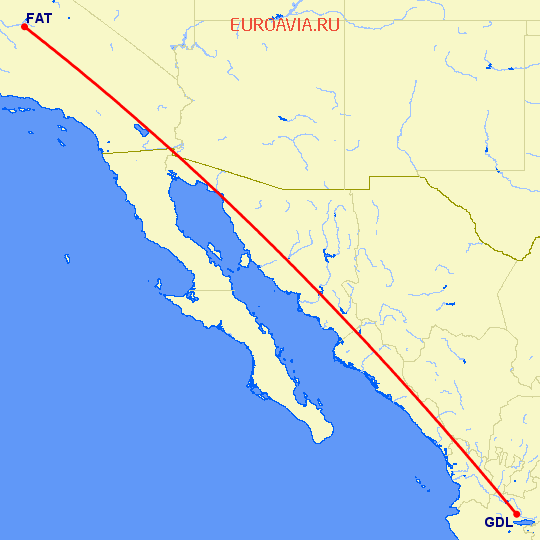 перелет Фресно — Гуадалахара на карте