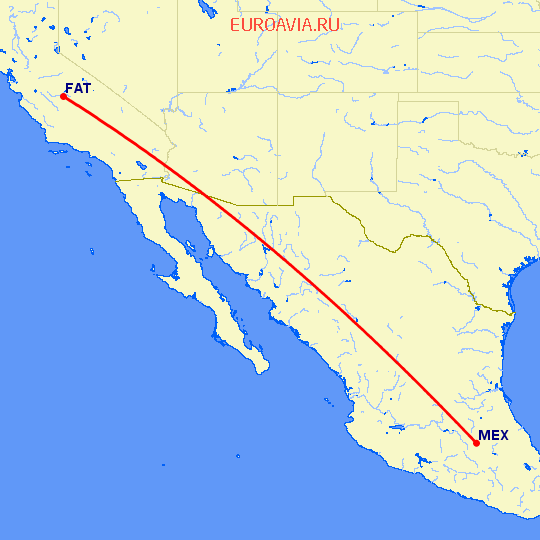 перелет Фресно — Мексико Сити на карте