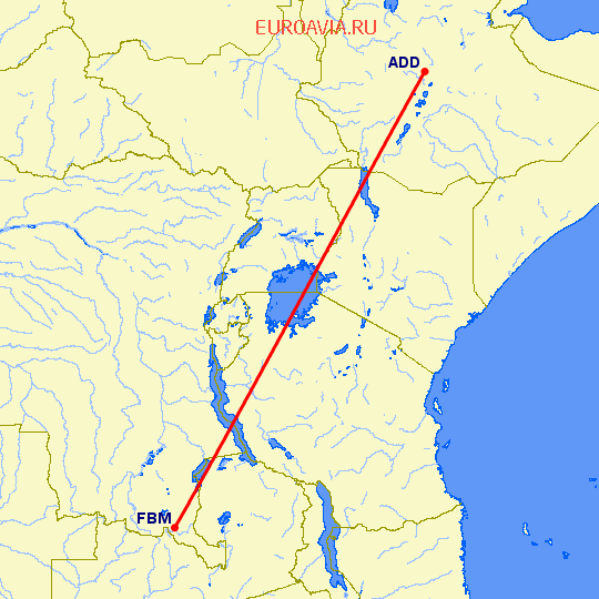 перелет Lubumbashi — Аддис Абеба на карте