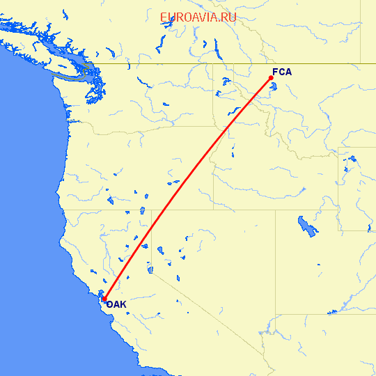 перелет Калиспелл — Окленд на карте