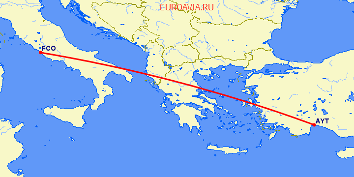 перелет Рим — Анталия на карте
