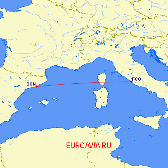 перелет Рим — Барселона на карте
