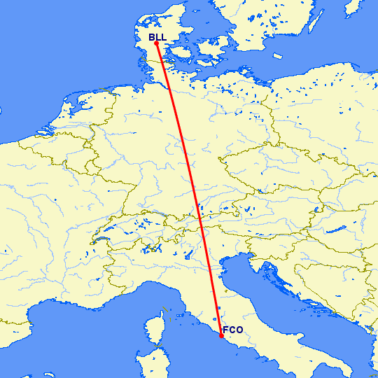 перелет Рим — Биллунд на карте