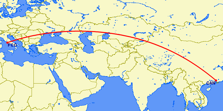 перелет Рим — Гуанчжоу на карте