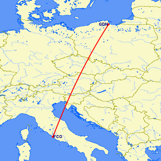 перелет Рим — Гданьск на карте