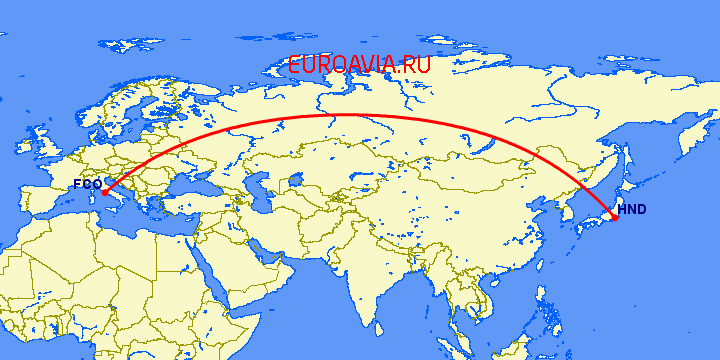 перелет Рим — Токио на карте