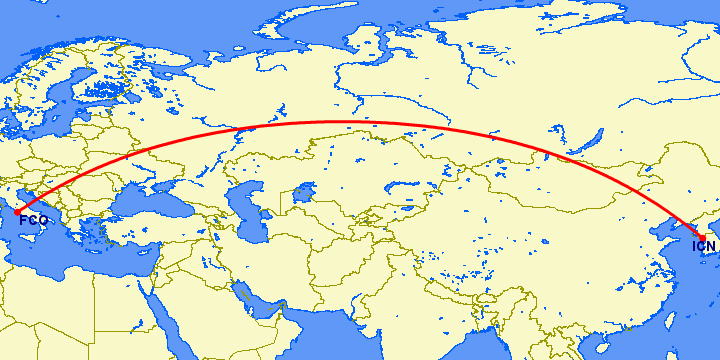 перелет Рим — Сеул на карте