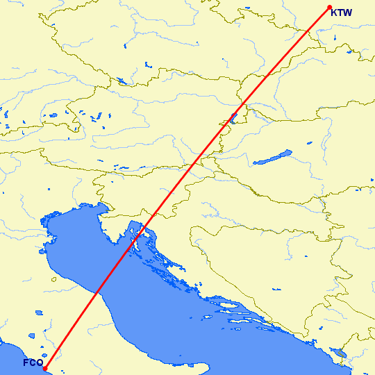 перелет Рим — Катовице на карте