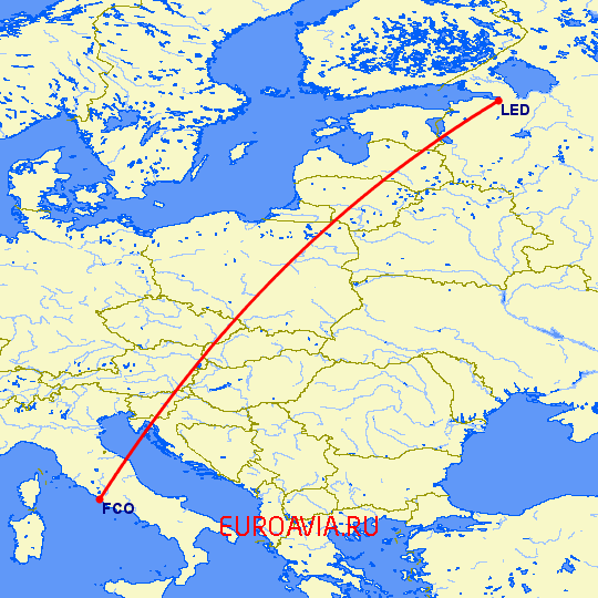 перелет Рим — Санкт Петербург на карте