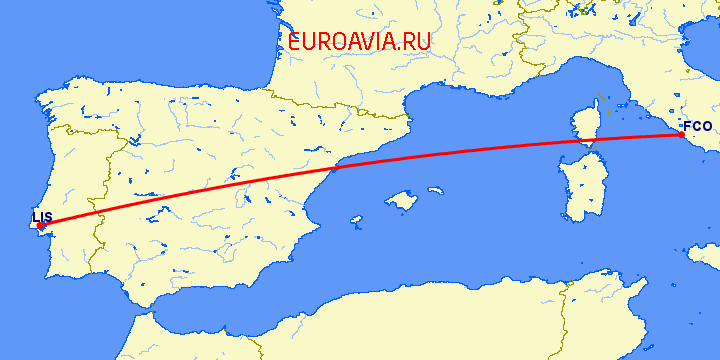 перелет Рим — Лиссабон на карте