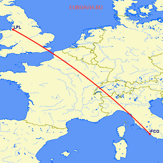 перелет Рим — Ливерпуль на карте