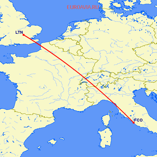 перелет Рим — Luton на карте