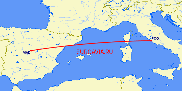 перелет Рим — Мадрид на карте
