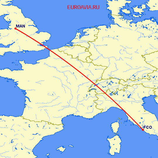 перелет Рим — Манчестер на карте