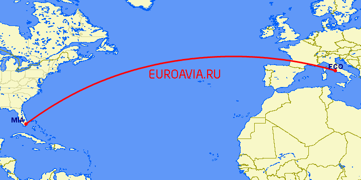 перелет Рим — Майами на карте