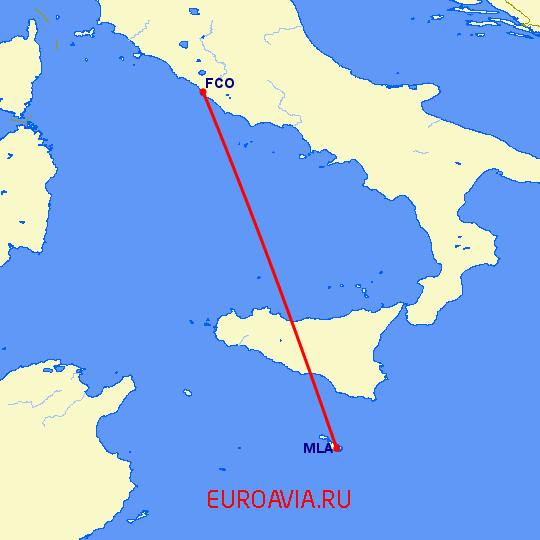 перелет Рим — Мальта на карте
