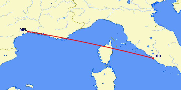 перелет Рим — Монпелье на карте