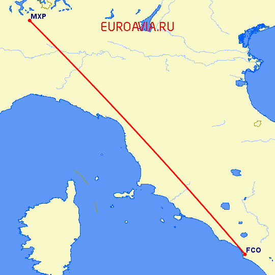 перелет Рим — Милан на карте
