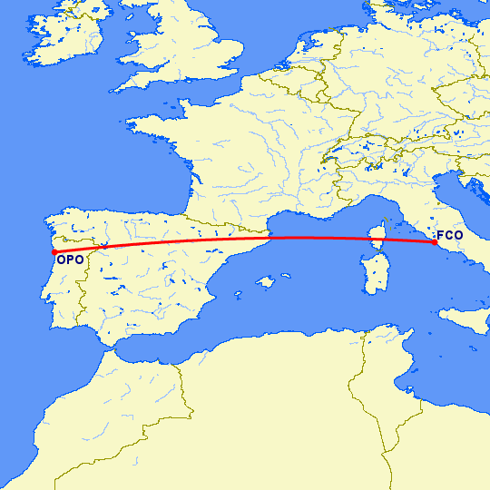 перелет Рим — Порту на карте