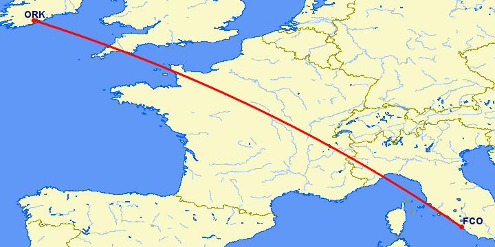 перелет Рим — Корк на карте
