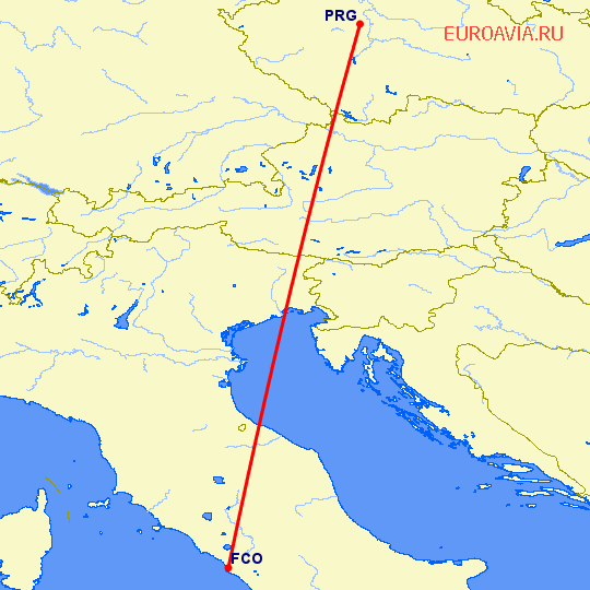 перелет Рим — Прага на карте