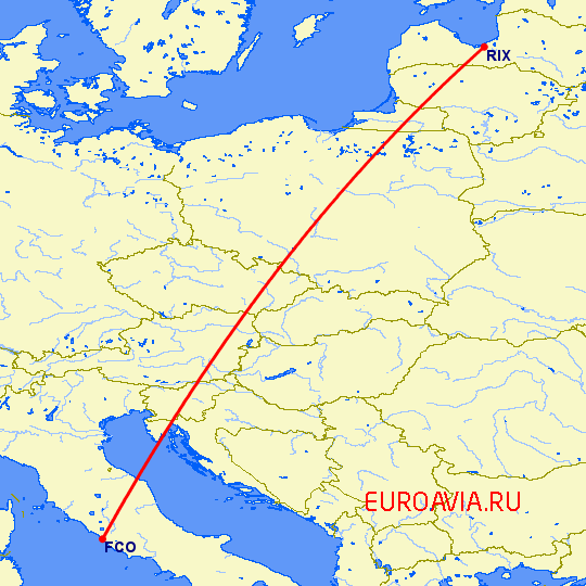перелет Рим — Рига на карте