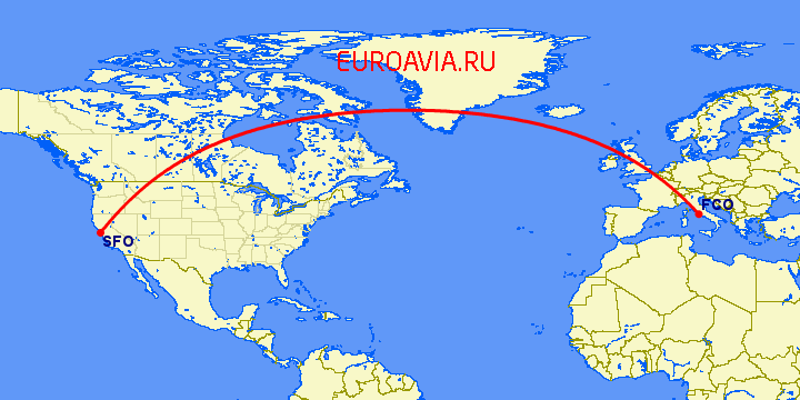 перелет Рим — Сан Франциско на карте