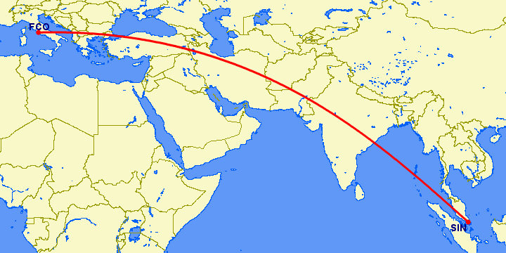перелет Рим — Сингапур на карте