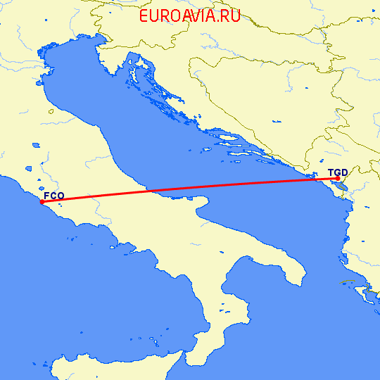 перелет Рим — Подгорица на карте