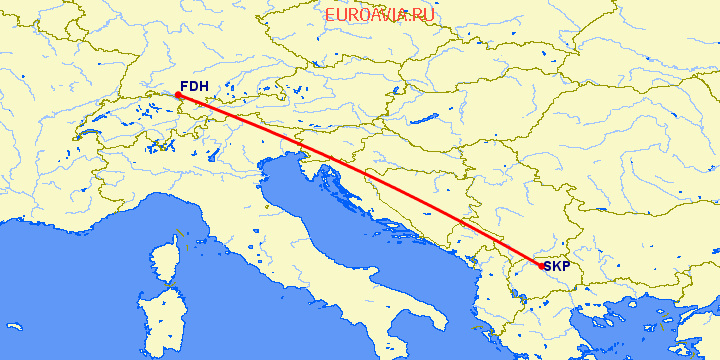 перелет Фридрихсхафен — Скопье на карте