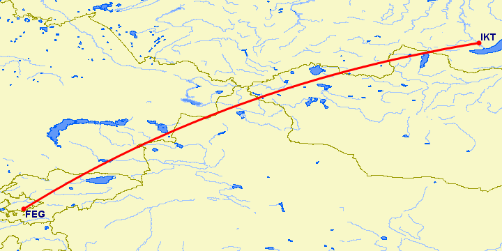 перелет Фергана — Иркутск на карте