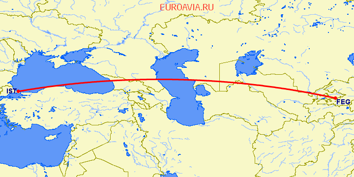 перелет Фергана — Стамбул на карте