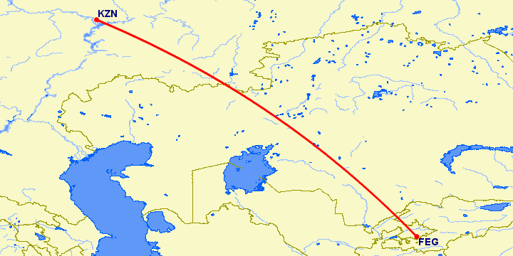 перелет Фергана — Казань на карте
