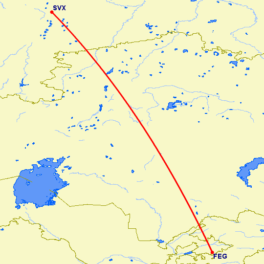 перелет Фергана — Екатеринбург на карте
