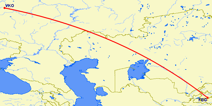 перелет Фергана — Москва на карте