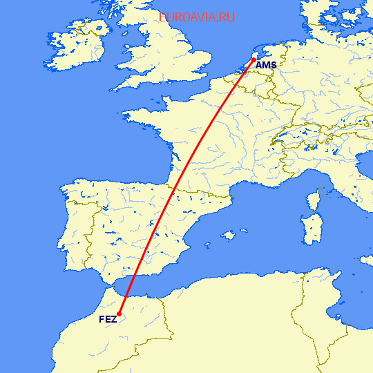 перелет Фес — Амстердам на карте
