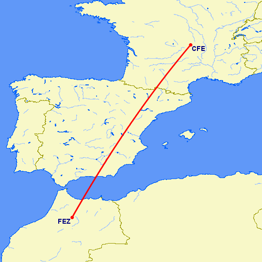 перелет Фес — Клермон Ферран на карте