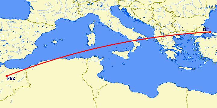 перелет Фес — Стамбул на карте