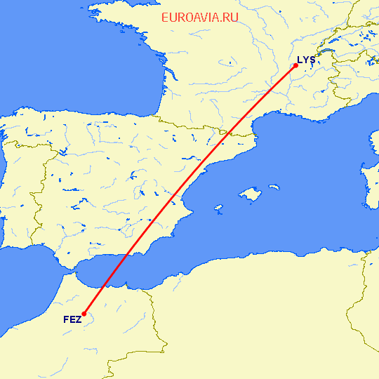 перелет Фес — Лион на карте